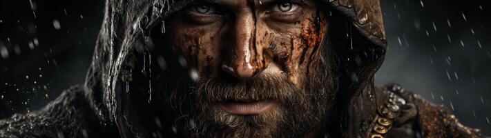 Rugged man with intense gaze in the rain photo
