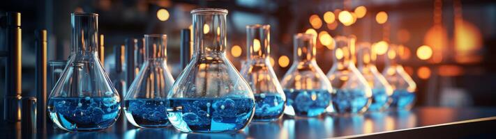 Glassware with colorful liquid in laboratory photo