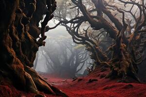 Enchanted dark forest with twisted trees and red ground photo