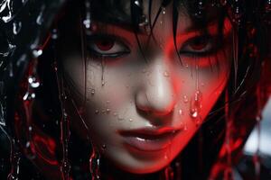 Dramatic portrait of a woman with intense red eyes and tears photo