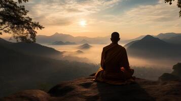 Silhouette of a meditating monk overlooking a misty mountain landscape at sunset photo