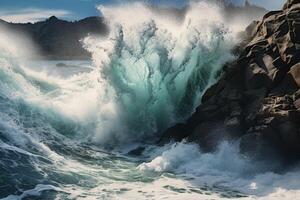 Powerful ocean waves crashing against rocky cliffs photo
