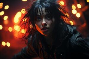 Intense gaze of a young woman with windblown hair against a backdrop of warm, glowing lights photo