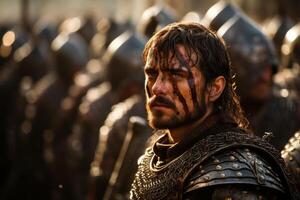 warrior in battle armor with a determined expression photo
