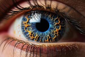 Detailed macro shot of a human eye with intricate iris patterns photo