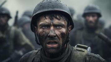 Intense soldier in military helmet with serious expression photo