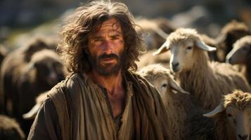 Rugged shepherd with sheep in the wilderness photo