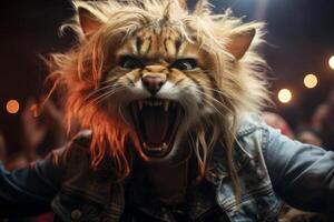 Ferocious wild cat with glowing eyes and sharp teeth photo