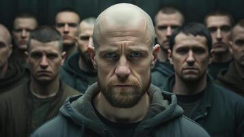 Serious man with beard in a crowd of people photo