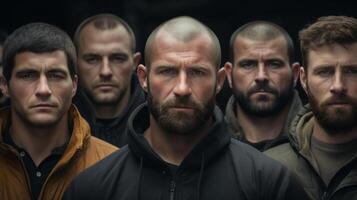 Serious group of men with beards and intense expressions photo