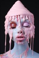 Surreal pink dripping face portrait photo