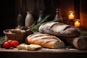 Rustic homemade bread and vegetables on wooden table photo