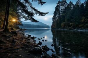 Serene mountain lake surrounded by evergreen forest photo