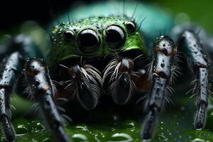 Closeup of a green jumping spider with large black eyes photo