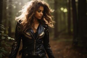 Mysterious woman in leather jacket in forest photo