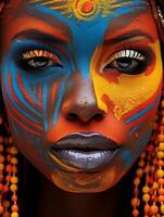 Vibrant face art with bold colors and patterns photo