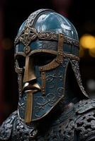Ornate medieval warrior helmet with intricate designs photo