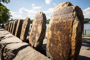 Engraved stones along a lakeside path photo