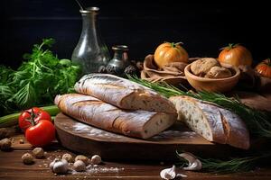 Rustic bread and fresh vegetables on wooden table photo