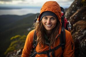 Smiling hiker in orange jacket on mountain trail photo