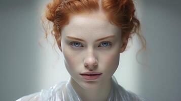 Enigmatic redhead with striking blue eyes photo