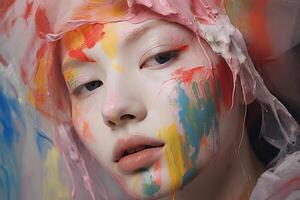 Colorful face art of a person with paint splattered on their face photo