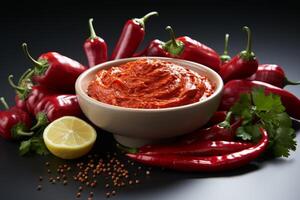 Spicy red pepper sauce in a bowl surrounded by fresh peppers photo