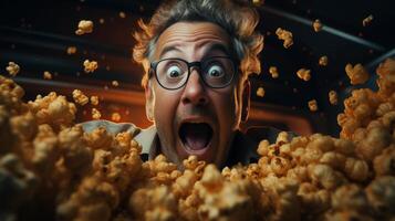 man with surprised expression surrounded by popcorn photo