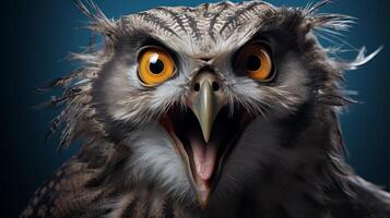 Close up portrait of a fierce looking owl with piercing yellow eyes photo