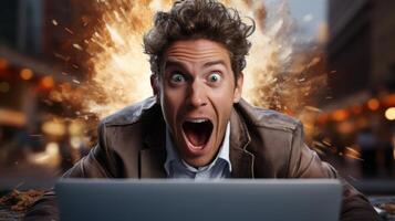 man with shocked expression in front of explosion photo