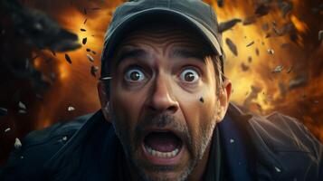 man with shocked expression in front of explosion photo