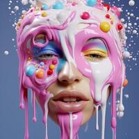 Vibrant and whimsical portrait with colorful makeup and dripping paint photo