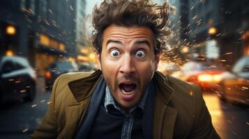 man with shocked expression in dramatic scene photo