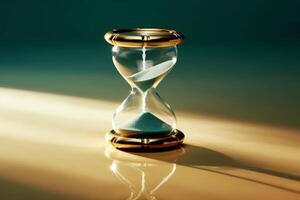 Hourglass with golden frame reflecting on surface photo