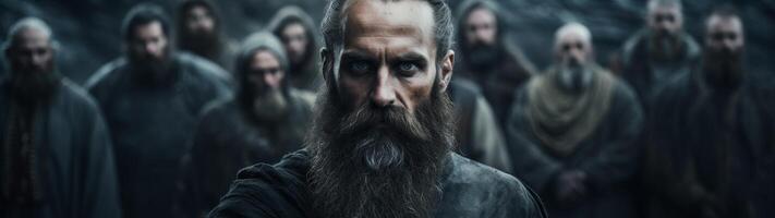 Bearded man leading a group of people in a dark, mysterious setting photo