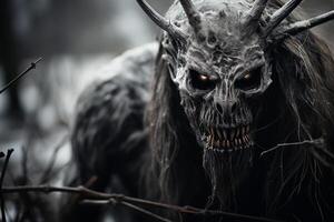Creepy dark fantasy creature with horns and sharp teeth photo