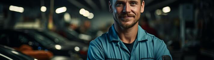 Smiling auto mechanic in workshop photo