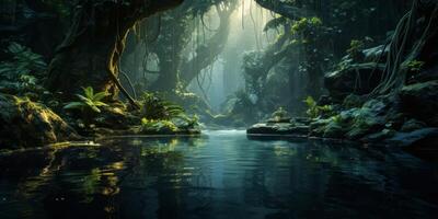 Lush tropical forest landscape with waterfall and reflection photo