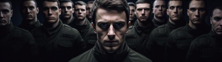 Serious military soldier leading a squad of men photo