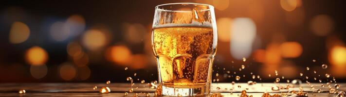 Refreshing golden beer in glass with bubbles photo