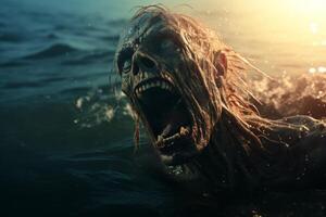 Terrifying zombie creature emerging from the dark waters photo