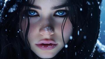 Mysterious woman with captivating blue eyes in snowy winter scene photo