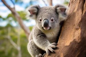 Adorable koala bear clinging to tree branch photo