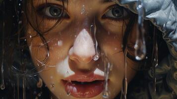 close up of a womans face with water droplets photo