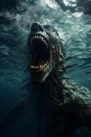 Ferocious sea creature with sharp teeth emerging from the depths photo