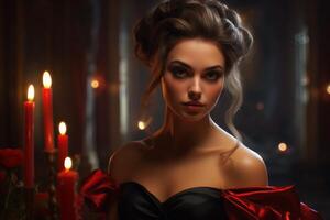 Dramatic portrait of a woman in a dark, moody setting photo