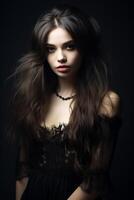 Mysterious woman with dark hair and red lips photo
