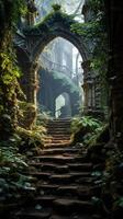 Enchanted forest archway with moss covered steps photo