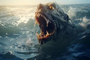 Fierce sea creature with sharp teeth emerging from the ocean photo