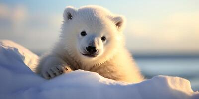 Adorable polar bear cub in snow photo